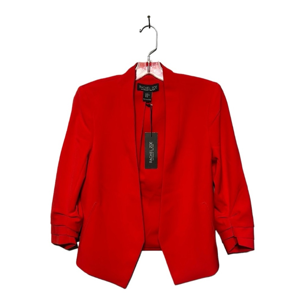Rachel Zoe Red Crepe Open Front Cropped Ruched 3/4 Sleeve Collarless Blazer XS